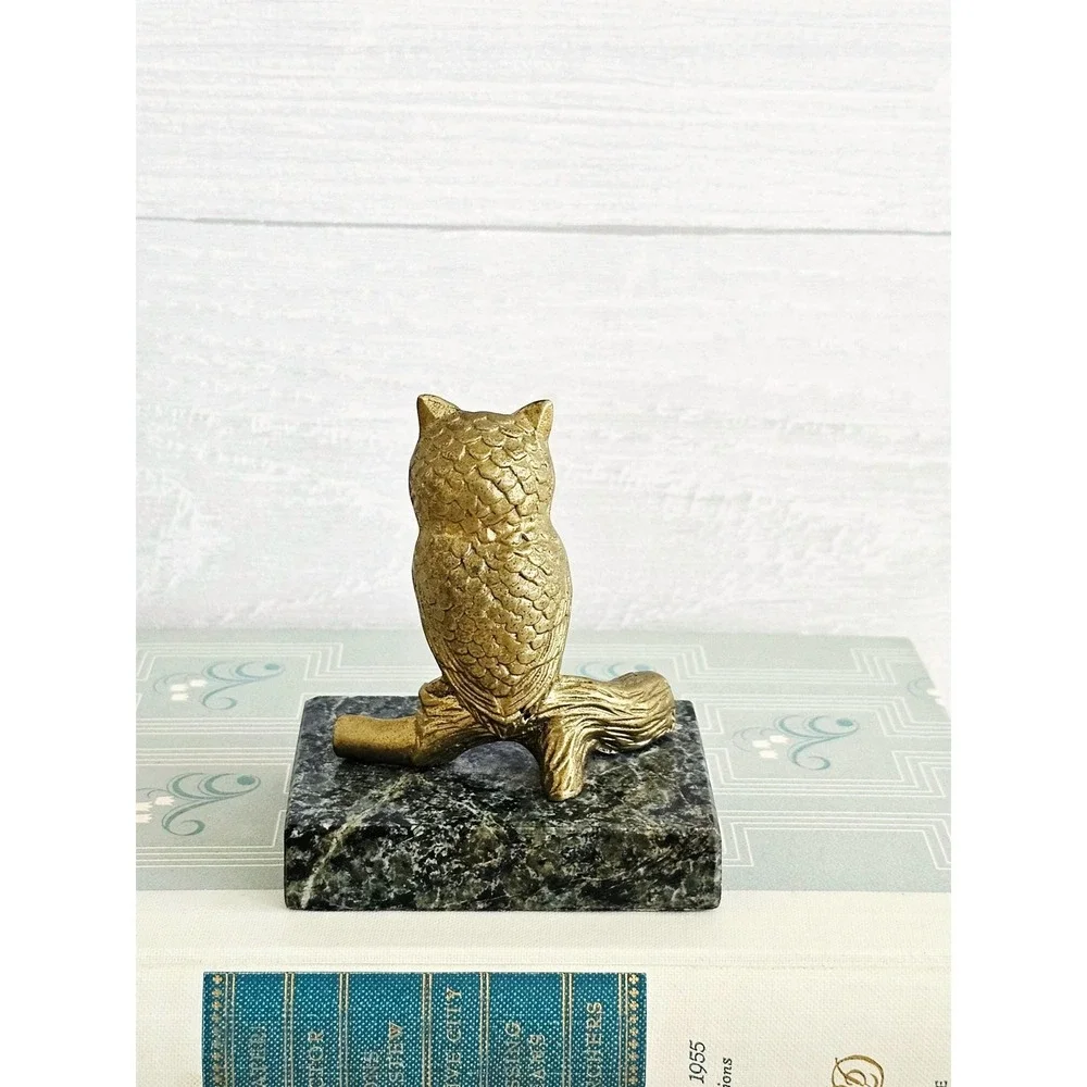 Vintage Solid Brass Owl on Branch on Black & Green Marble Base Paperweight